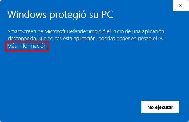 SmartScreen warning with the More info link highlighted